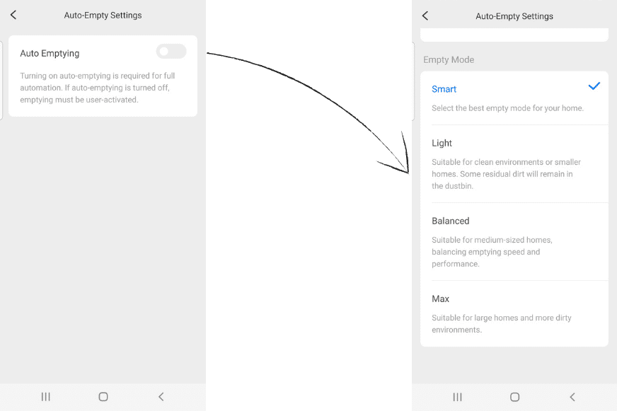 The various settings for operating the auto-empty dock can be seen in the Roborock Q7 Max app.